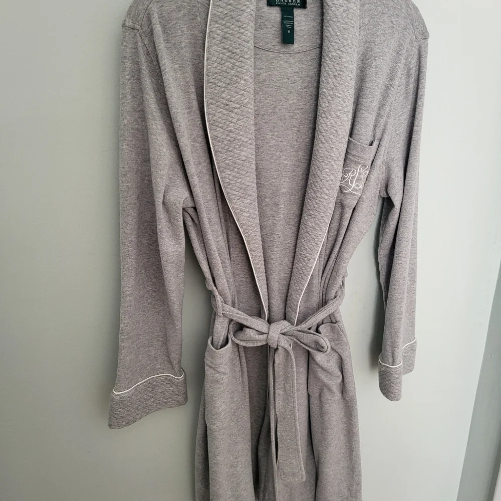 Lauren Ralph Lauren Women Medium Shawl Collar Wrap Robe Pockets Gray Knee Length